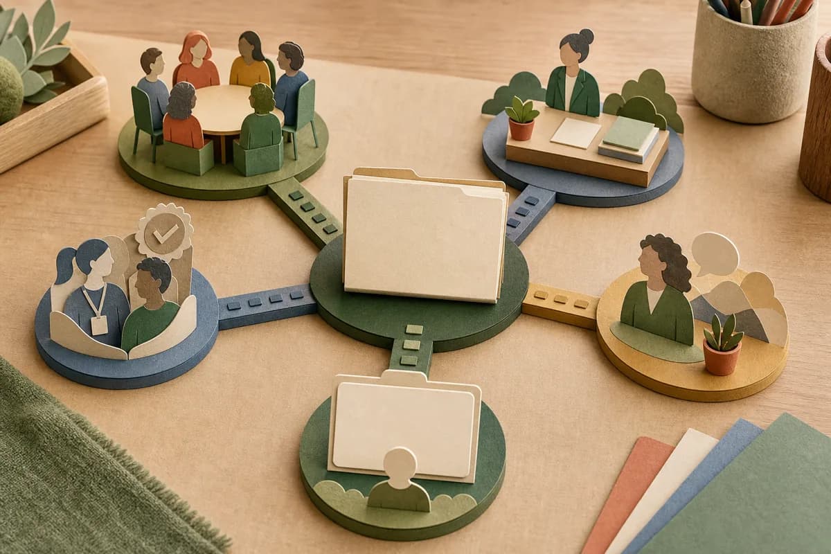 Paper-cut school health responsibility map links a central plan to governance, leadership, trained staff, professional advice and family contribution