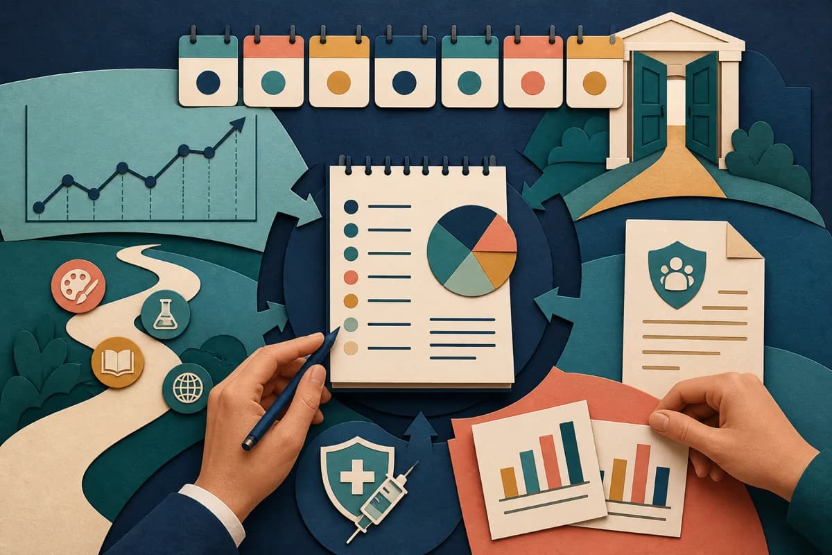 Paper-cut weekly briefing desk connecting seven days of attendance, admissions, curriculum, health and exam evidence