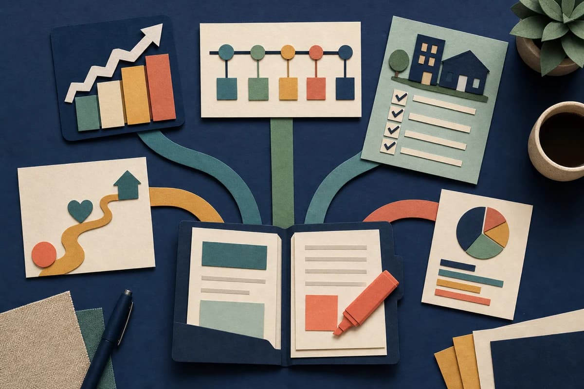 Paper-cut weekly briefing desk connecting qualification results, primary research, estate checks, care support and SEND funding evidence