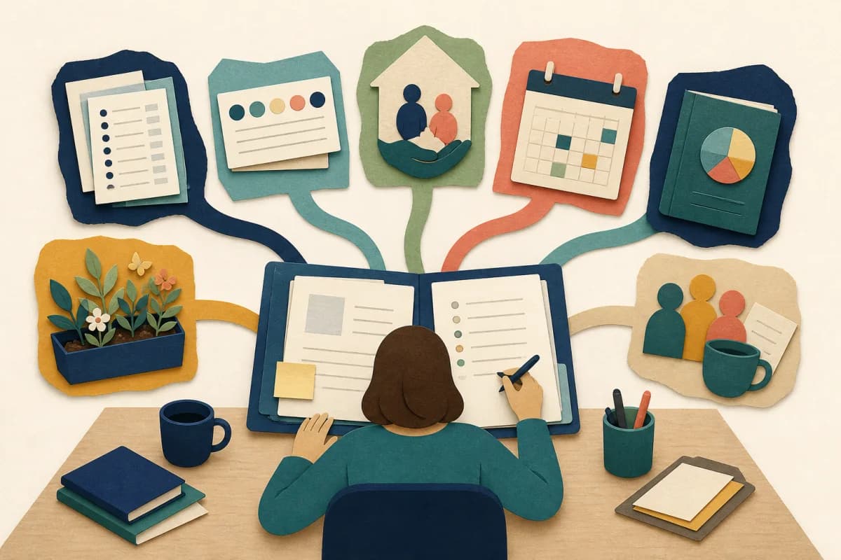 Paper-cut school news threads for results, belonging, safeguarding, attendance, funding, nature and family support meeting at a human review desk