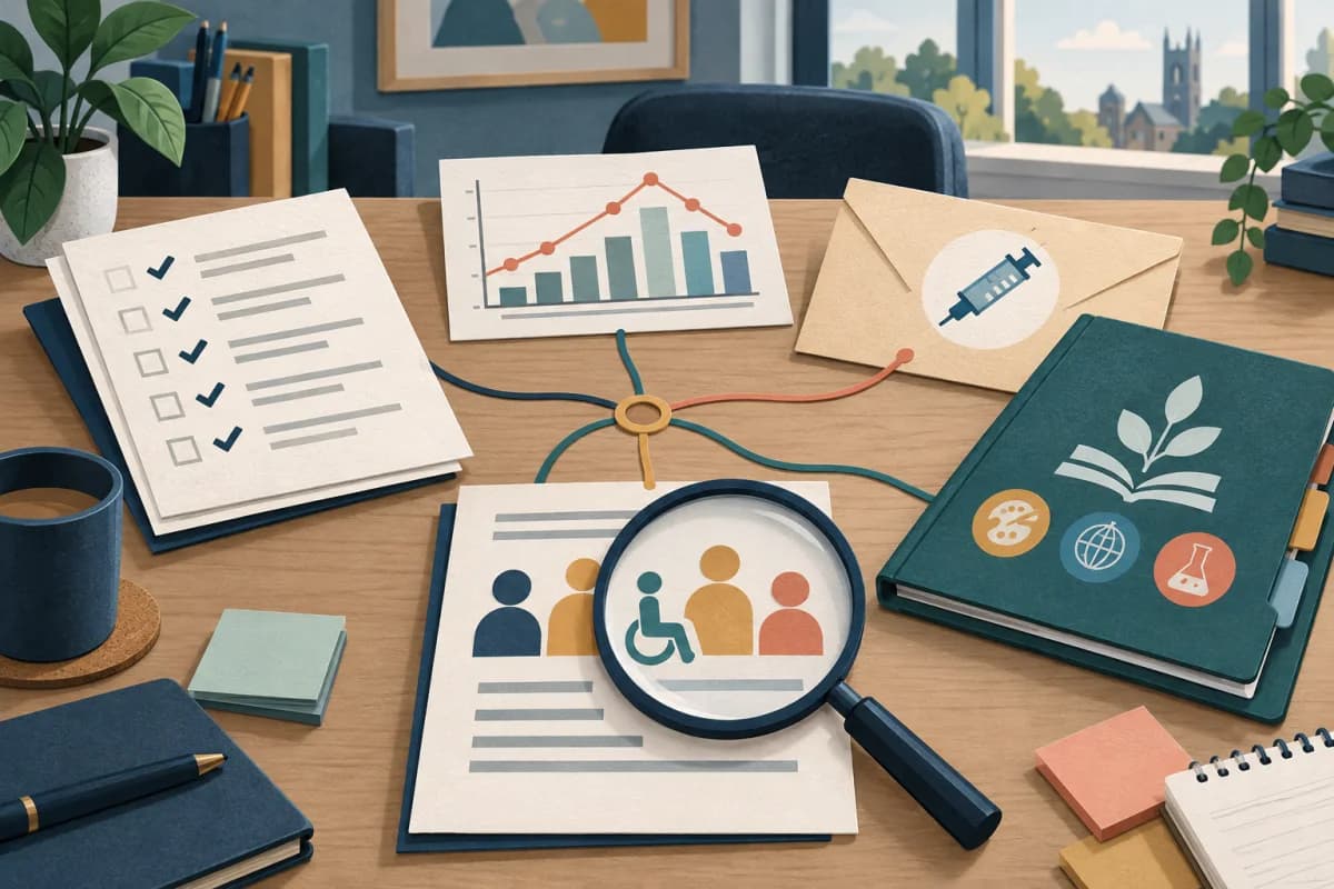 Paper-cut exam, assessment, vaccination, curriculum and inclusion evidence connected across a school leadership review desk
