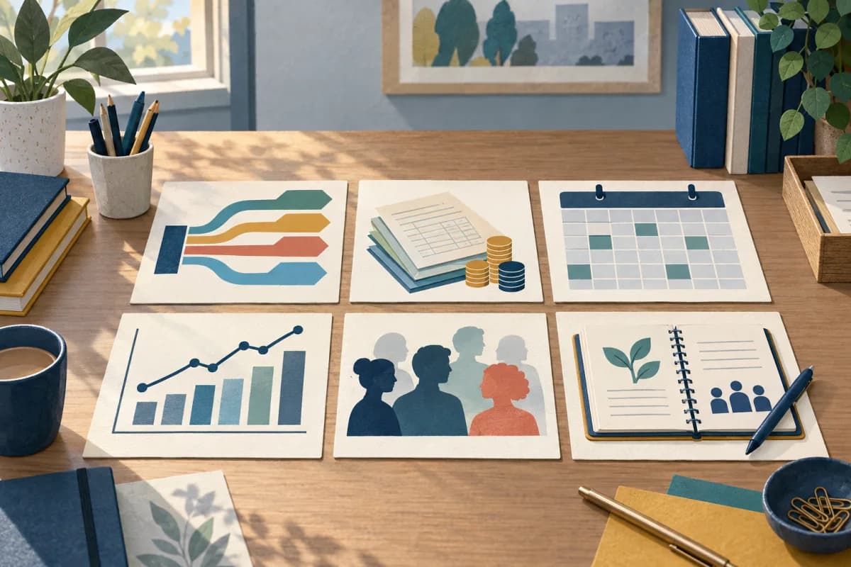 Six paper-cut evidence cards for curriculum, funding, attendance, inspection, staffing and inclusive teacher development on a school leadership desk