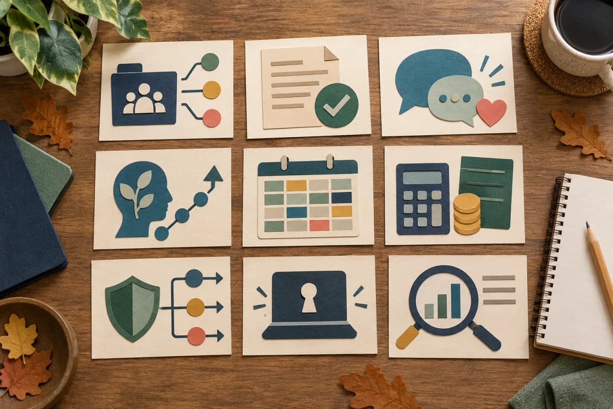 Nine paper-cut evidence cards on a school leadership desk, showing records, pupil voice, training, funding, safeguarding, data security and inspection