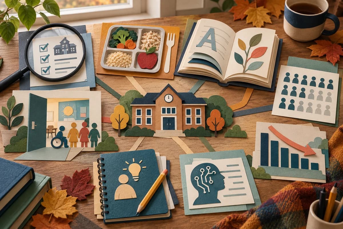 Paper-cut school surrounded by inspection records, a meal tray, reading, attendance, inclusion and AI planning symbols on an autumn desk