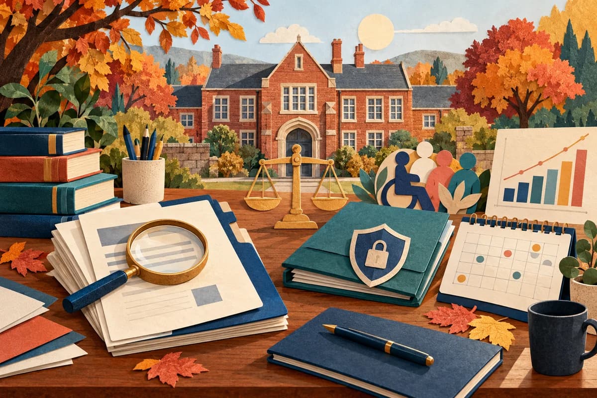 Autumn school scene with inspection papers, balance scales, a protected folder, an accessibility symbol and a calendar on a desk