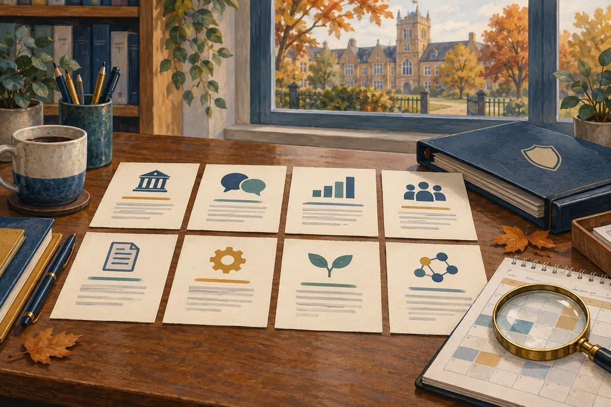 Eight briefing cards, a protected folder and a calendar under a magnifying glass on an autumn school office desk
