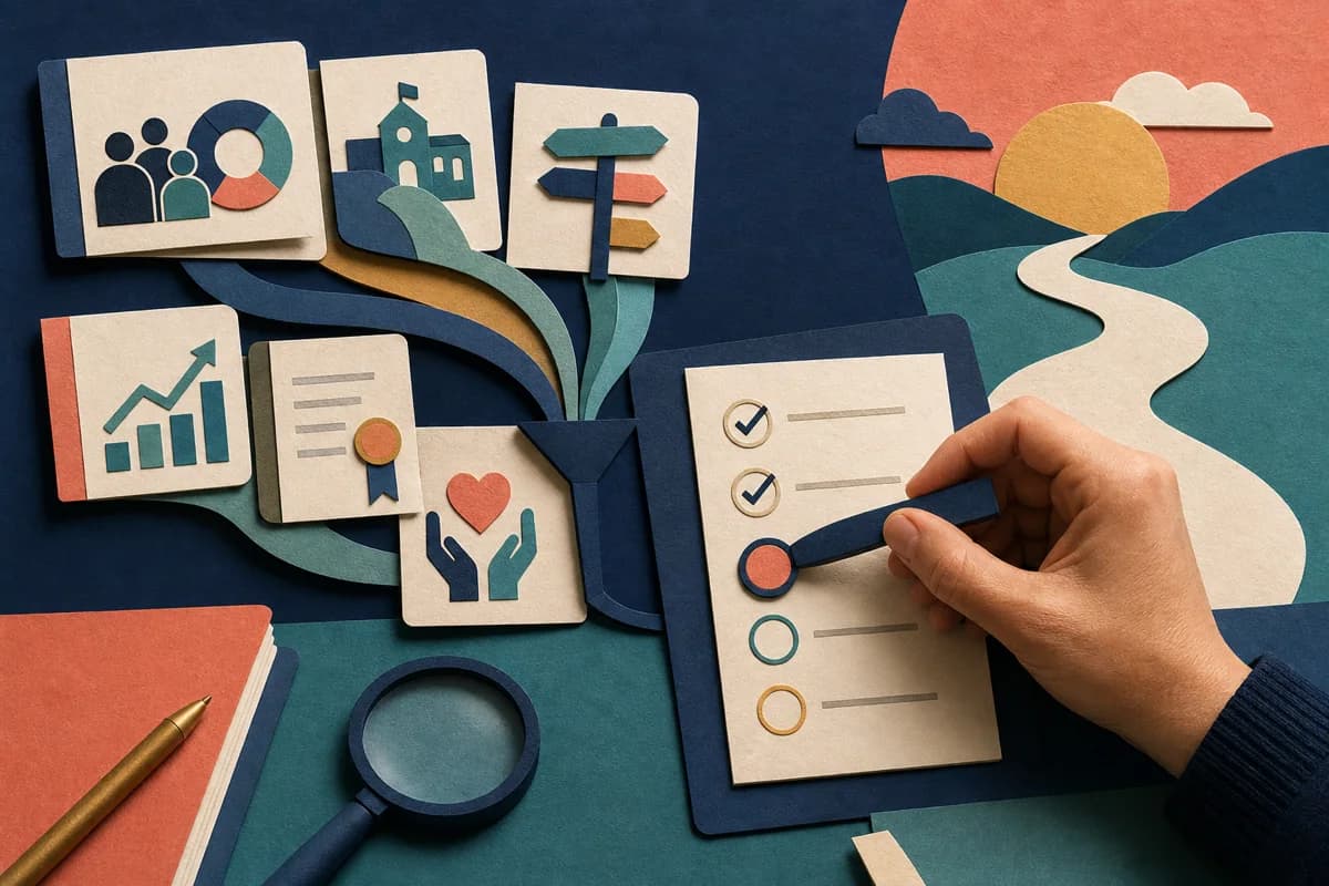 Paper-cut evidence cards feeding into a checklist as an adult hand moves a human review marker towards the week ahead