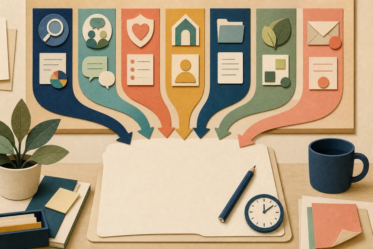 Seven paper-cut planning lanes for results, pupil voice, safeguarding, attendance, funding, nature and family communication meeting at an empty human review space