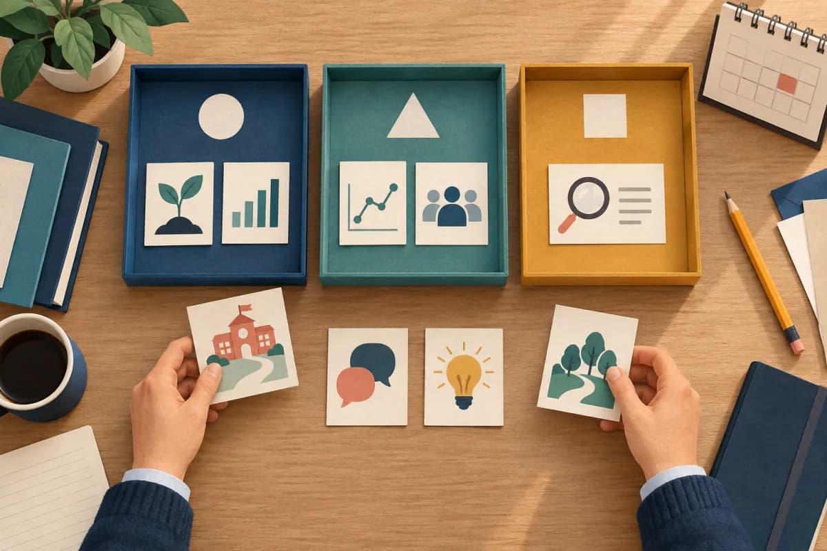 Paper-cut evidence cards being sorted by a human reviewer into three distinct status trays beside a calendar