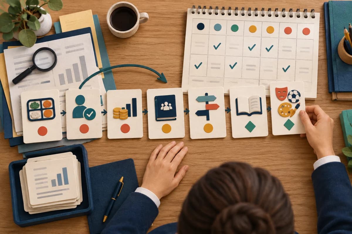 Paper-cut cards for meals, checks, budgets, governance, pathways, books and activities arranged into a week-ahead calendar