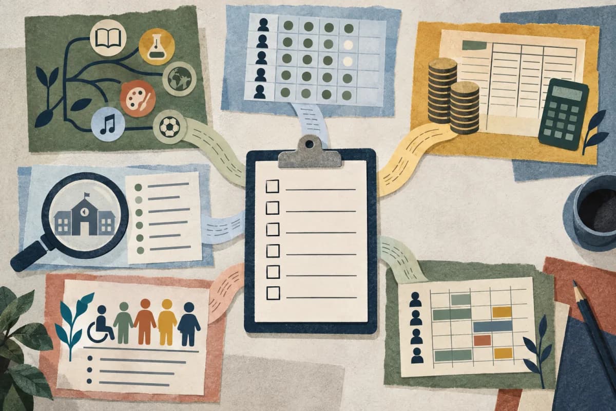 Six paper-cut evidence streams leading to a central unticked review checklist for a school leadership team