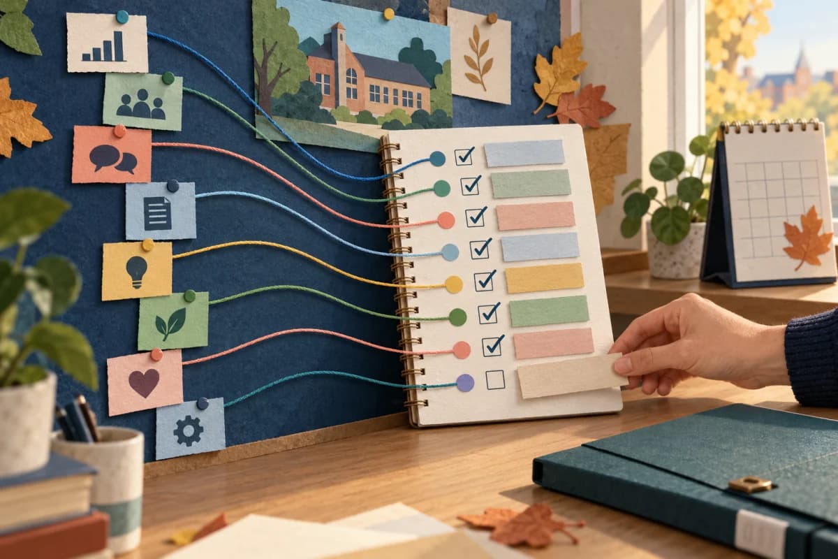 Coloured source notes on a school planning board linked to a notebook checklist with completed checks and one open item