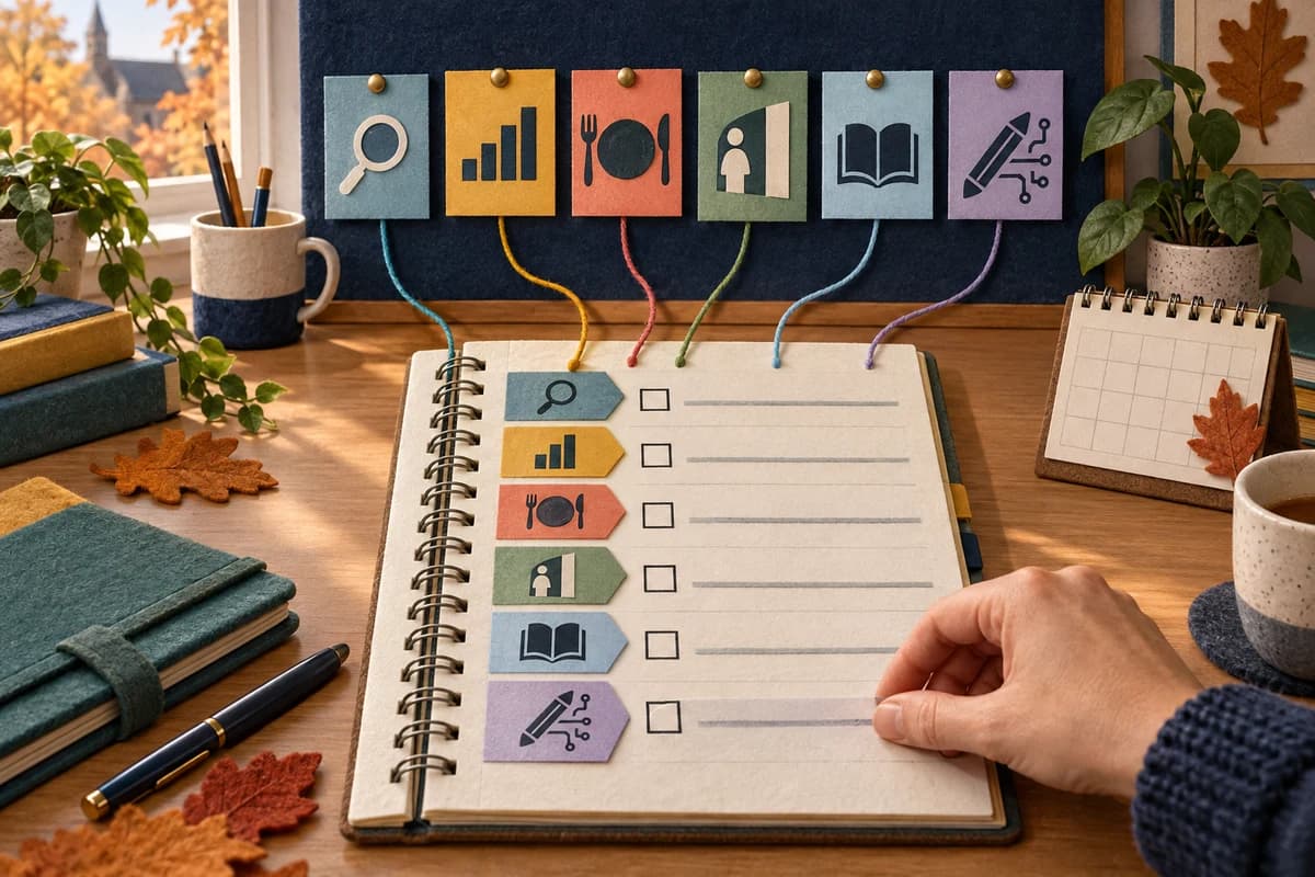 Inspection, statistics, meals, attendance, reading and AI planning cards linked to an open checklist beside an autumn calendar