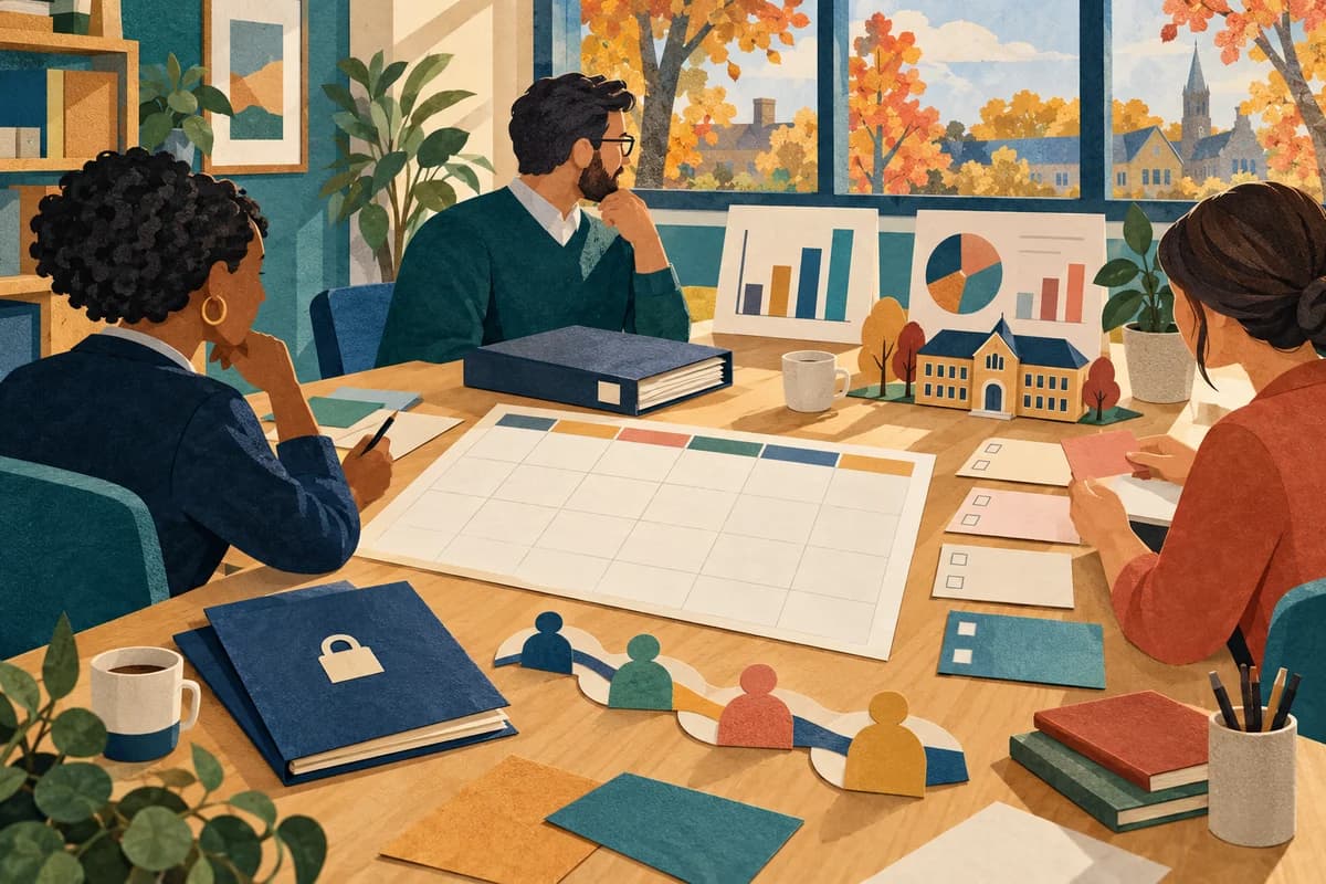 Three school staff review a calendar, charts and action cards around a table with a protected folder and connected paper figures