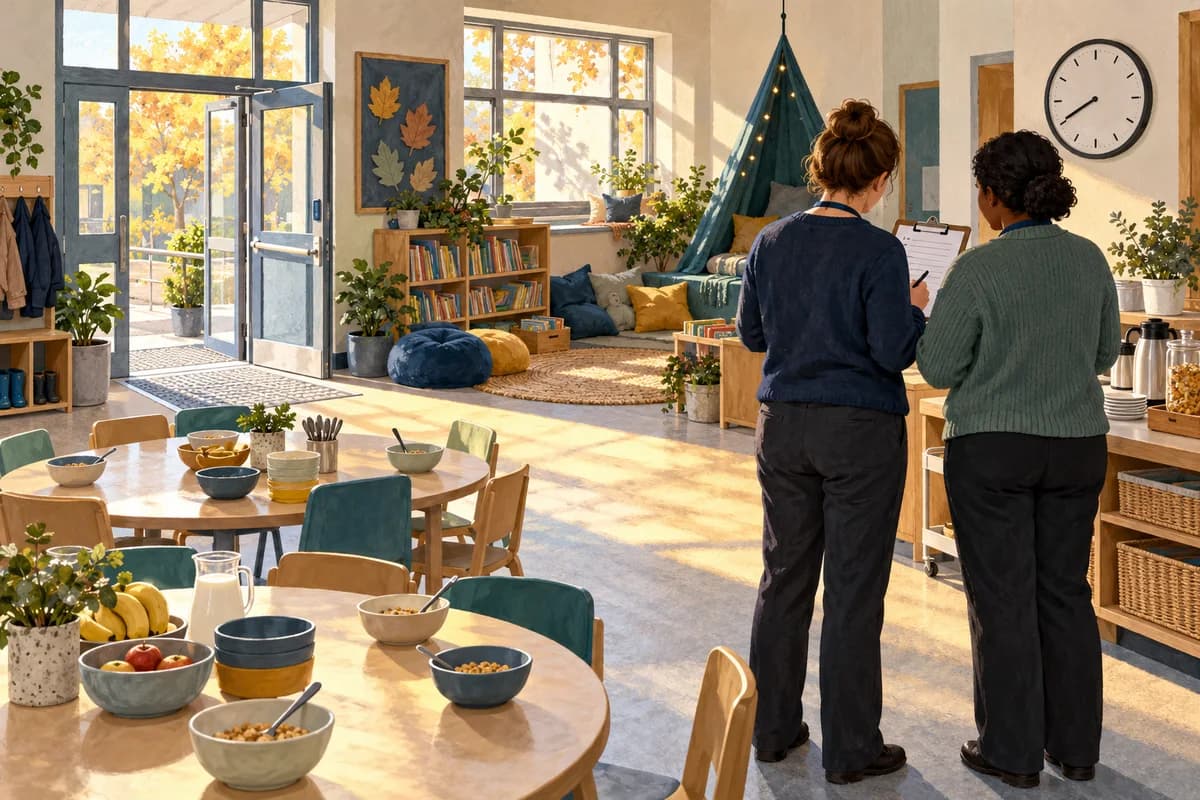 Two adult staff review a clipboard in an empty breakfast room with low tables, an accessible entrance and a quiet reading corner