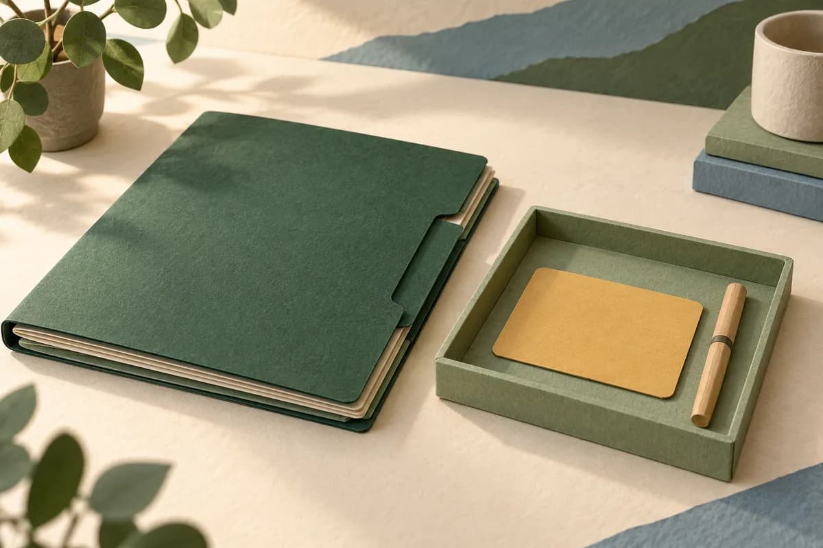 A closed green folder sits apart from a blank ochre action card in a small tray.