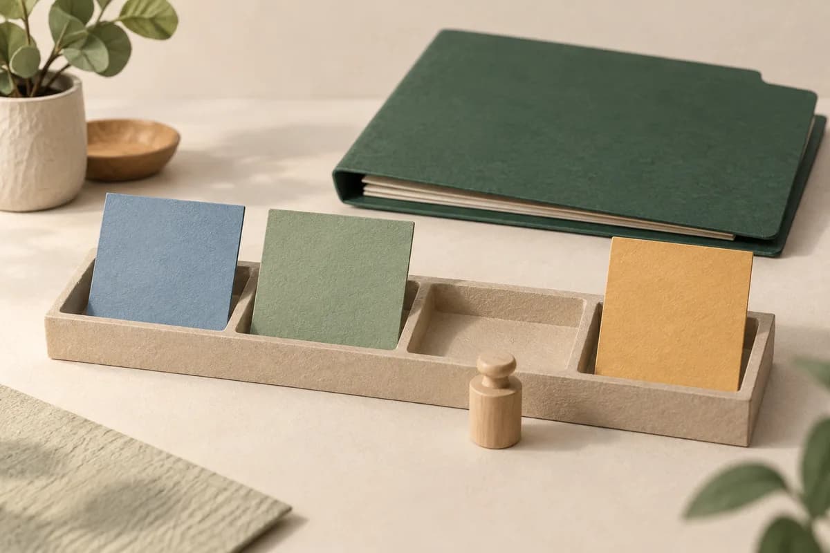 Blank review cards leave a visible gap beside a wooden marker and closed source folder.