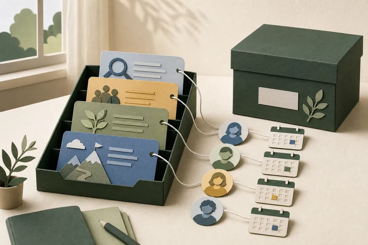 Open action cards connected to responsible staff and future review markers beside a separate archive box