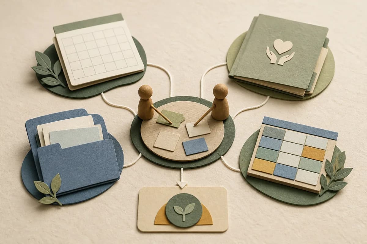 Paper-cut attendance, health, SEND and timetable records connected to a central human review table