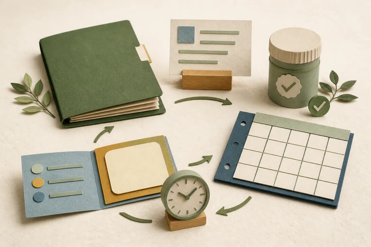 Paper-cut folders, medicine container, attendance grid and action card arranged as five first-day checks