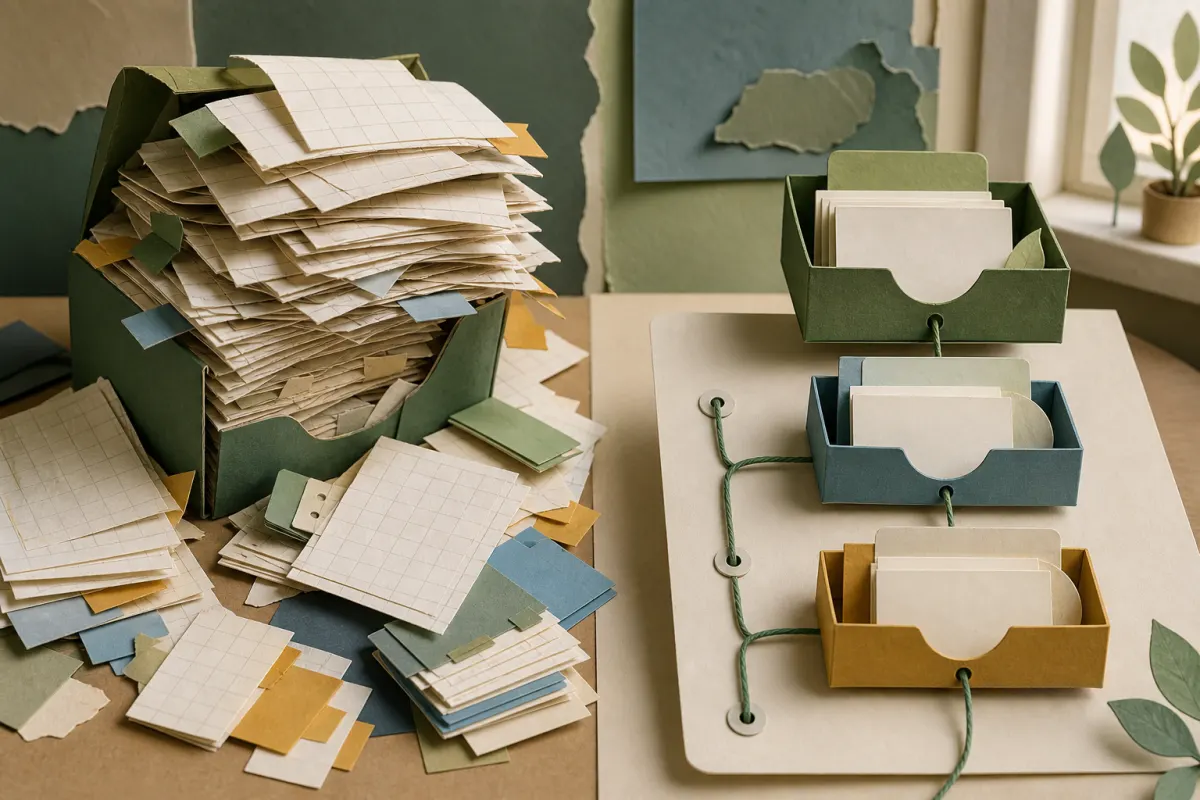 An overflowing stack of grid papers beside three tidy record trays linked by thread