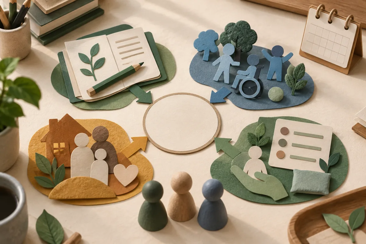 Paper-cut curriculum, participation, family context and support records surround an open review space