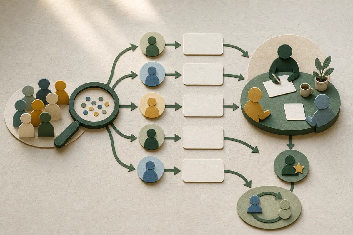 An aggregate paper pattern separates into individual blank evidence paths leading to a human review table and review loop