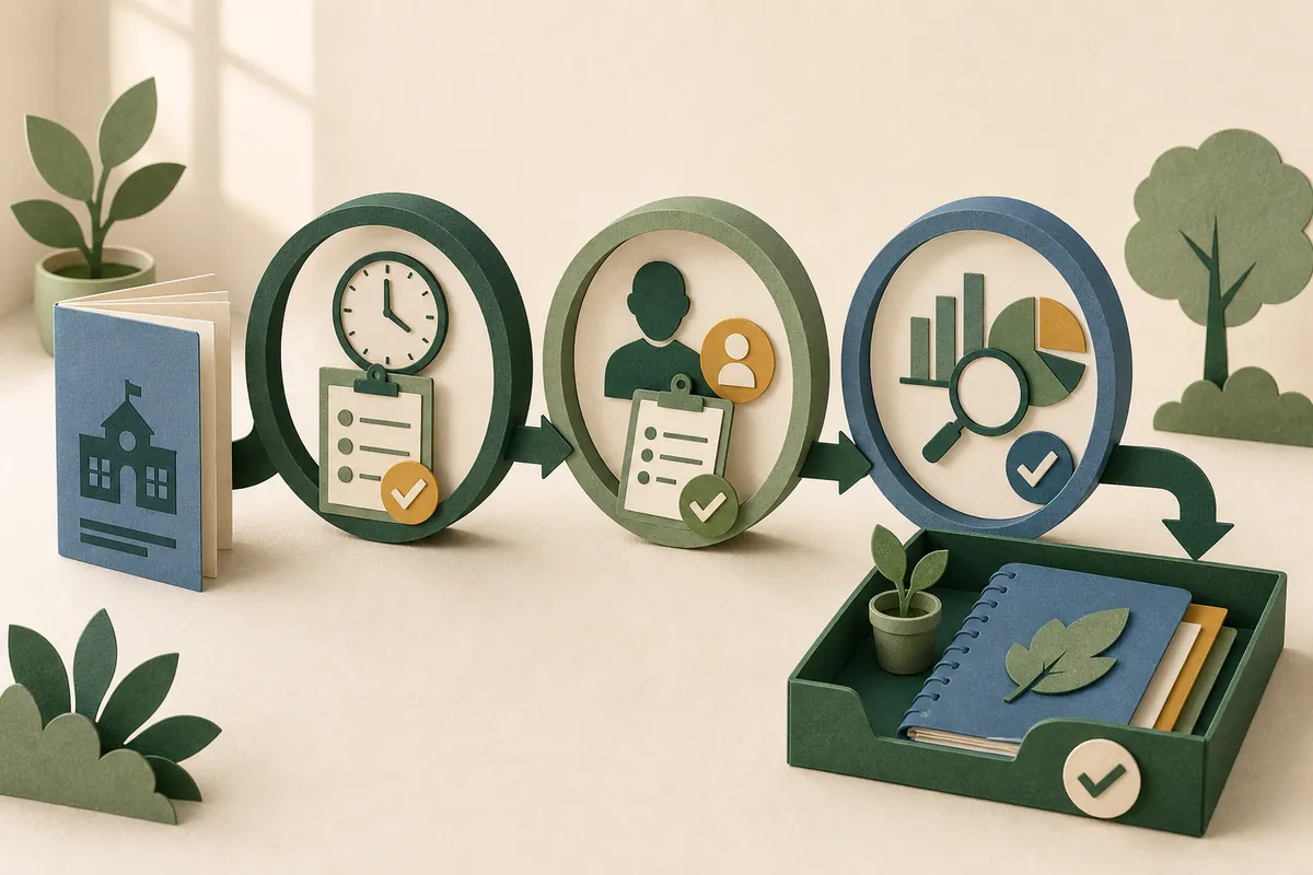 A guidance booklet moving through status, ownership and evidence review lenses into an action tray