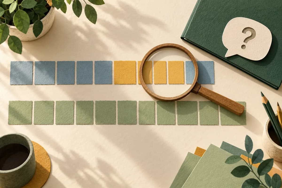A wooden magnifier rests over an ochre cluster in the upper of two rows of coloured paper tiles beside a green folder and speech shape