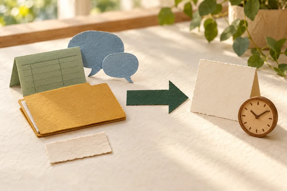 A sage register card and blue speech shapes sit beside an ochre folder, a green arrow, a blank upright card and a wooden clock; a loose slip remains in front