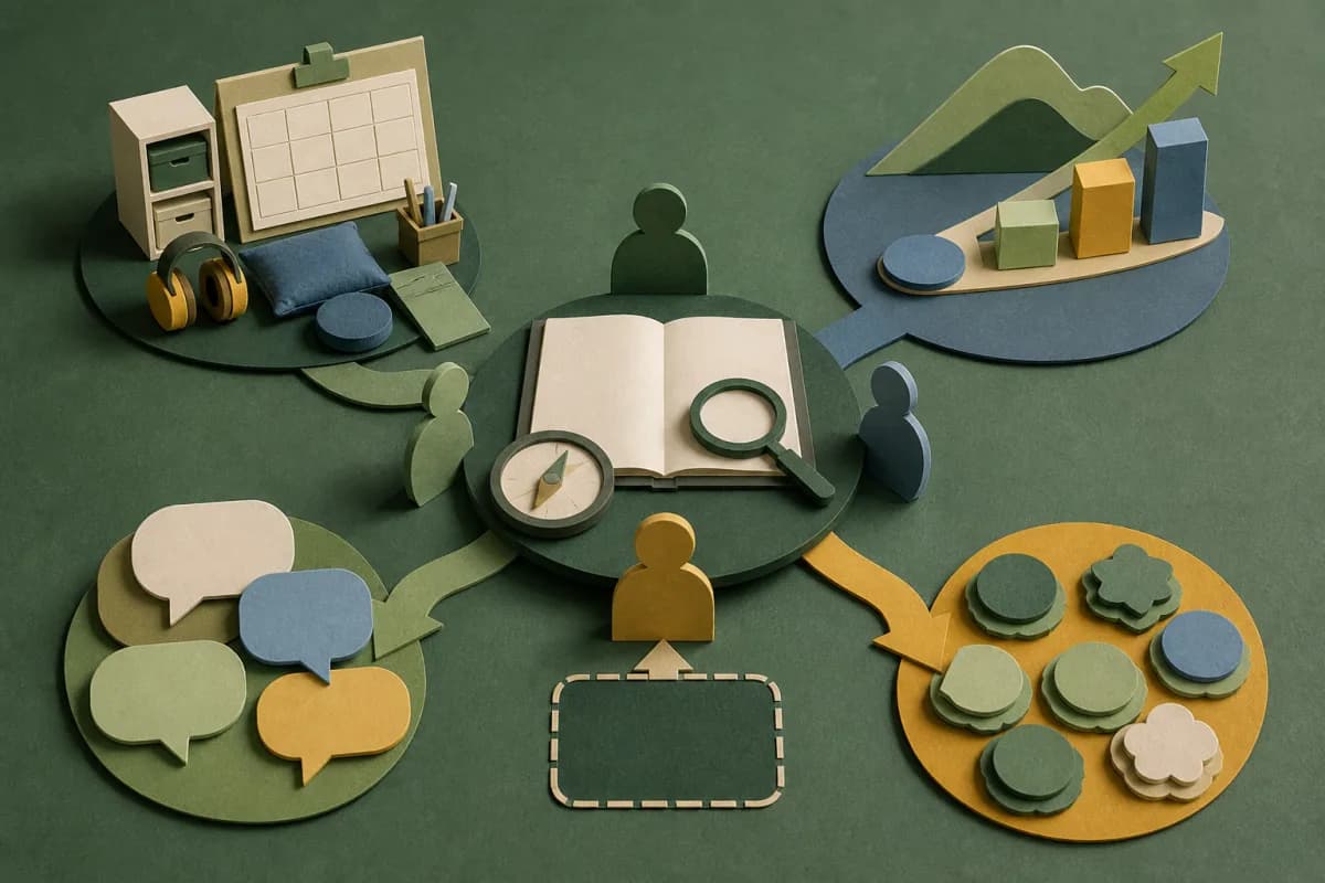 Paper-cut provision, outcomes, family voice and complaint-theme paths meeting at a human review table with an empty evidence space