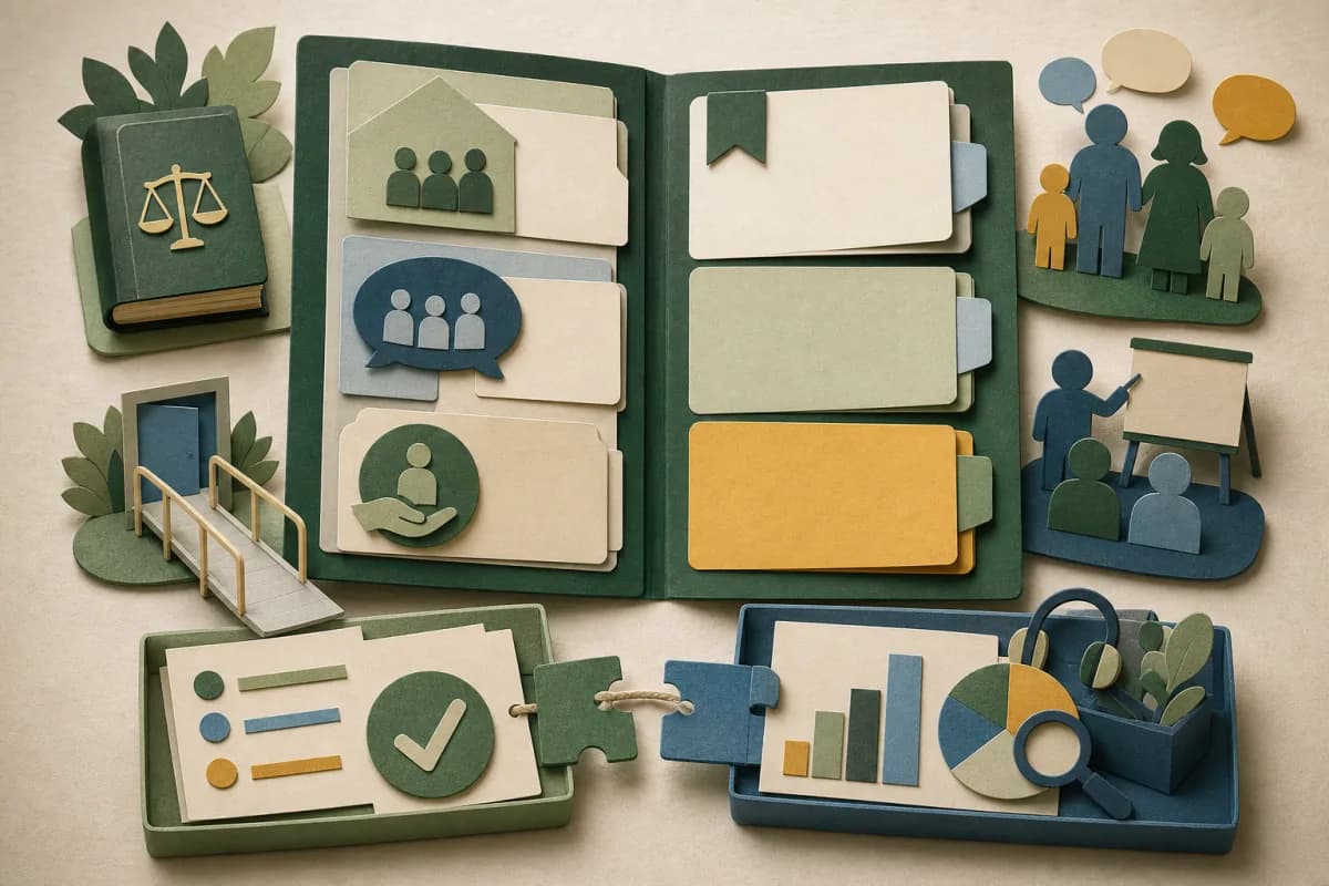 Paper-cut open report with blank sections for access, family voice, staff expertise, provision and review evidence