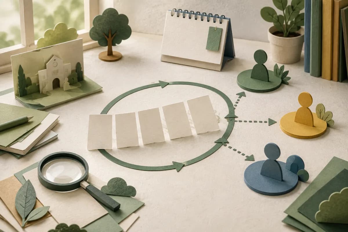 Paper-cut evidence cards moving through a review cycle towards three distinct human decisions