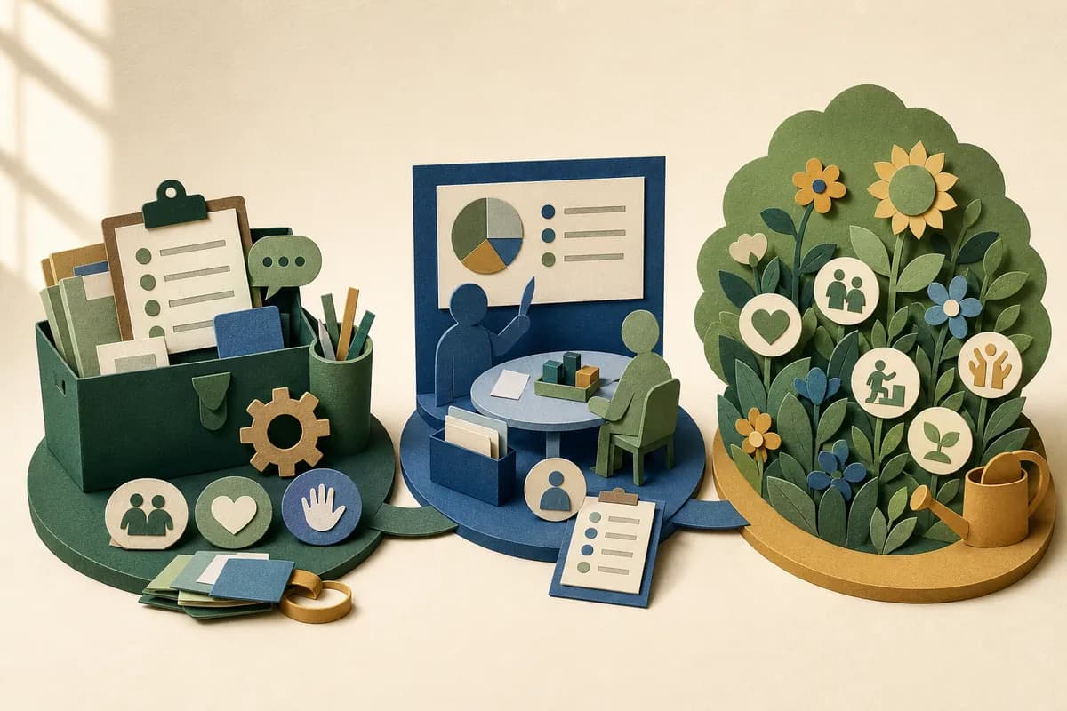 Three connected stages showing planned support, delivered provision and a broad garden of outcomes