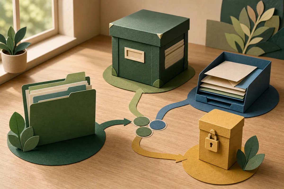 Paper folders following separate paths to active use, review, secure archive and controlled disposal