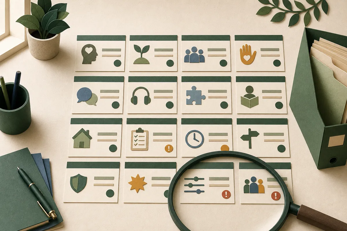 A magnifying glass checking an orderly set of abstract pupil record cards and highlighting exceptions