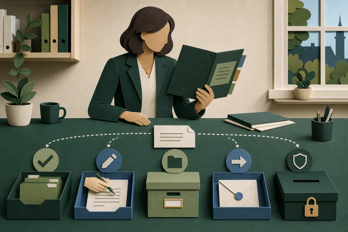 A professional checking a retention guide before sorting a record to keep, correct, archive, transfer or secure disposal