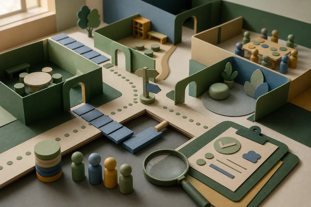 Miniature school routes, transitions and calm spaces being checked around a visible gap