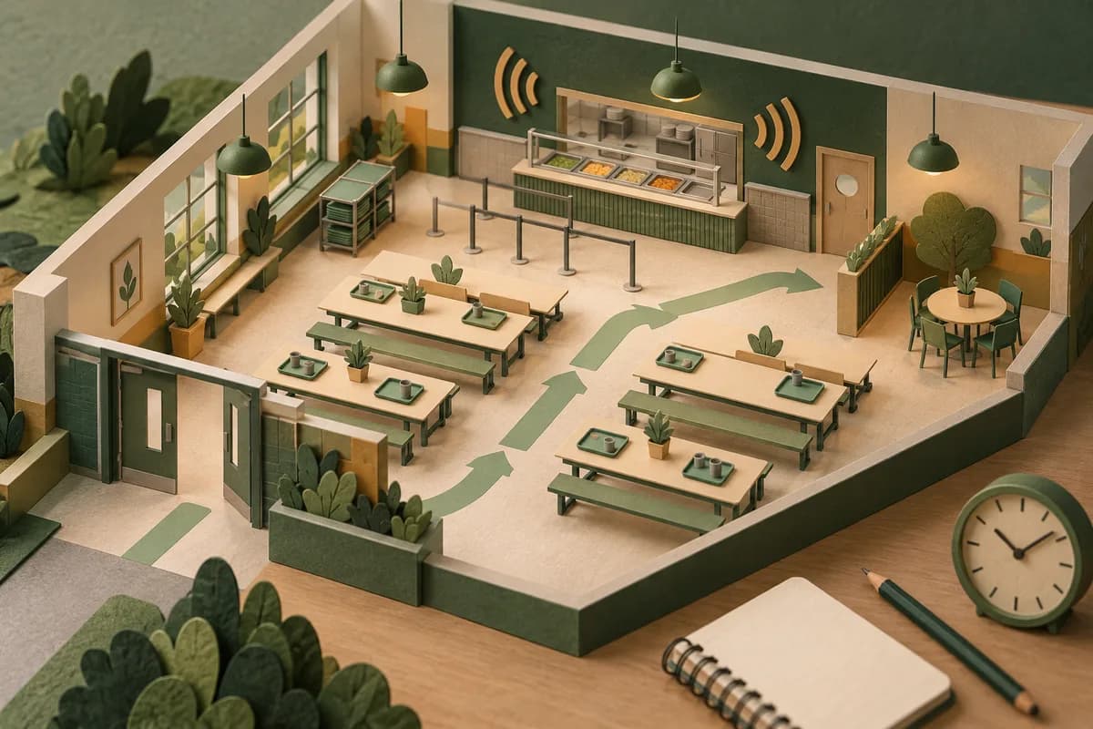 Paper-cut dining hall with a serving hatch, sound symbols and a clear route to an edge table, beside a blank observation notebook