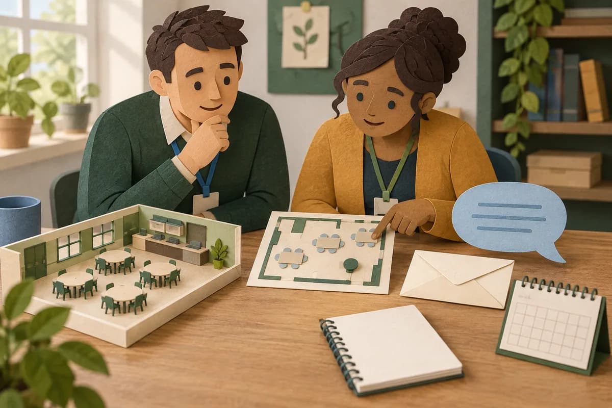 Two paper-cut staff review a dining-hall model and room-plan marker beside separate pupil-feedback, family-note and calendar pieces