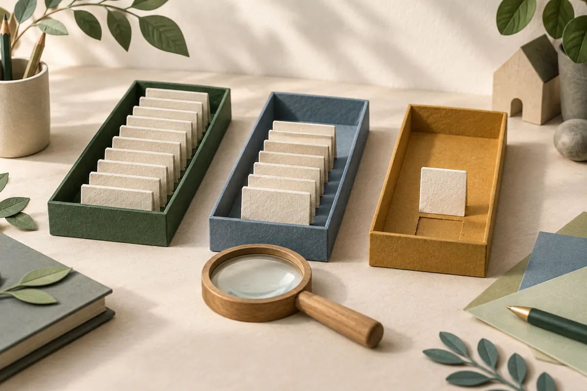 Three paper trays hold a full row, a shorter row and a loose blank tile beside an empty slot and a wooden magnifier