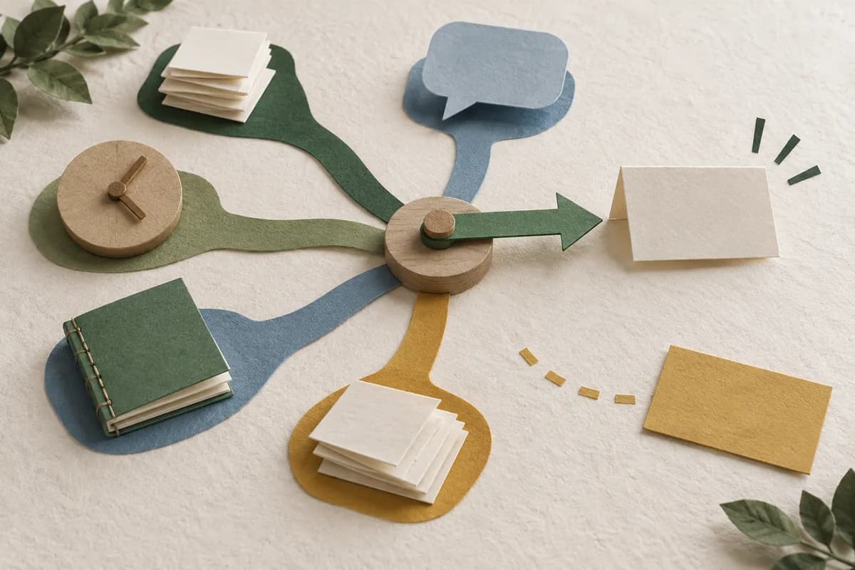 Ribbons with blank slips, a wooden clock, speech shapes and a book meet at an arrow pointing towards a folded card; one slip sits aside