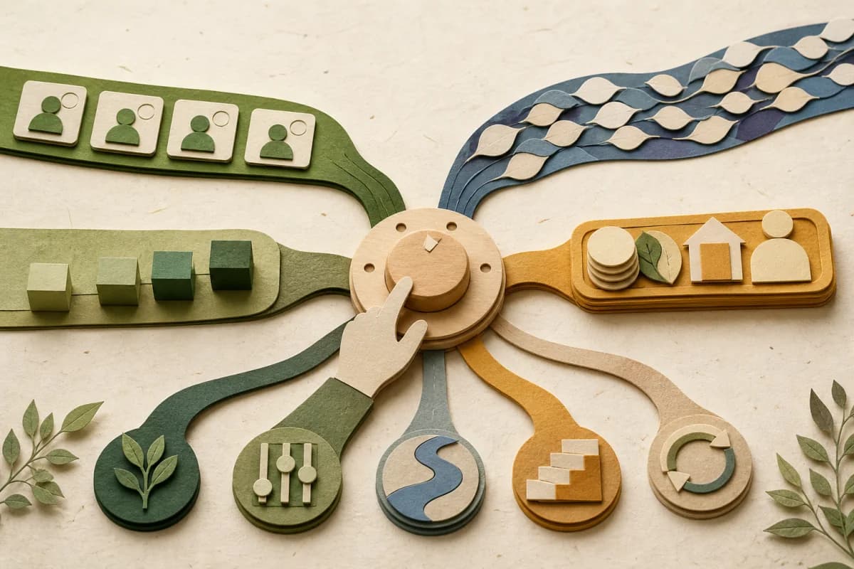 Paper-cut evidence paths meeting at a hand-operated review dial before branching into next decisions