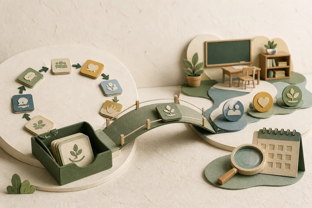 Paper-cut intervention cycle closing into an archive while a bridge carries retained learning into classroom support and monitoring