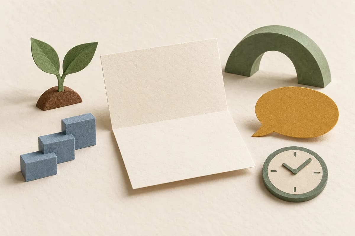 A blank folded message surrounded by a small plant, stepped shapes, an arch, a speech shape and a clock token.
