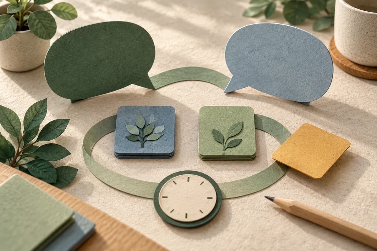 Two blank speech shapes and separate evidence tiles beside a pencil and clock on a paper review desk.