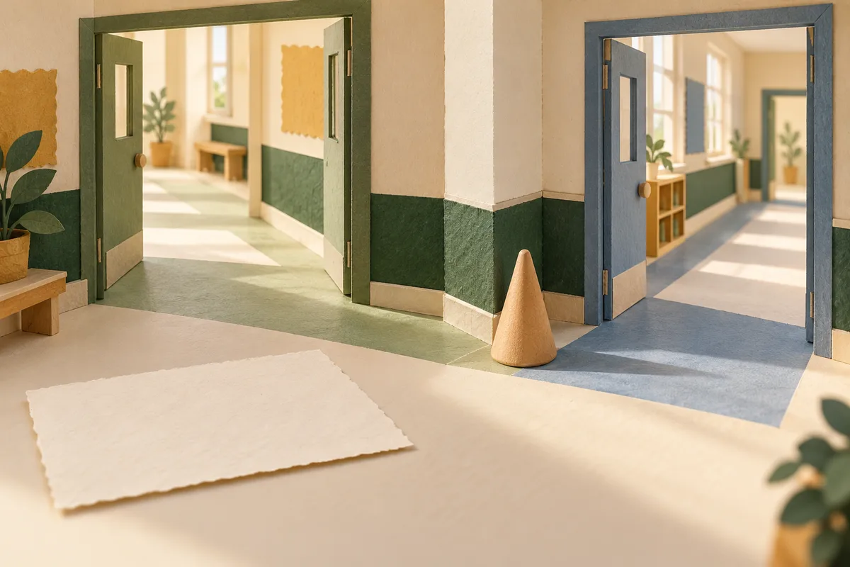 Paper-cut corridor junction with a small duty marker, open passageways and textured green and blue walls