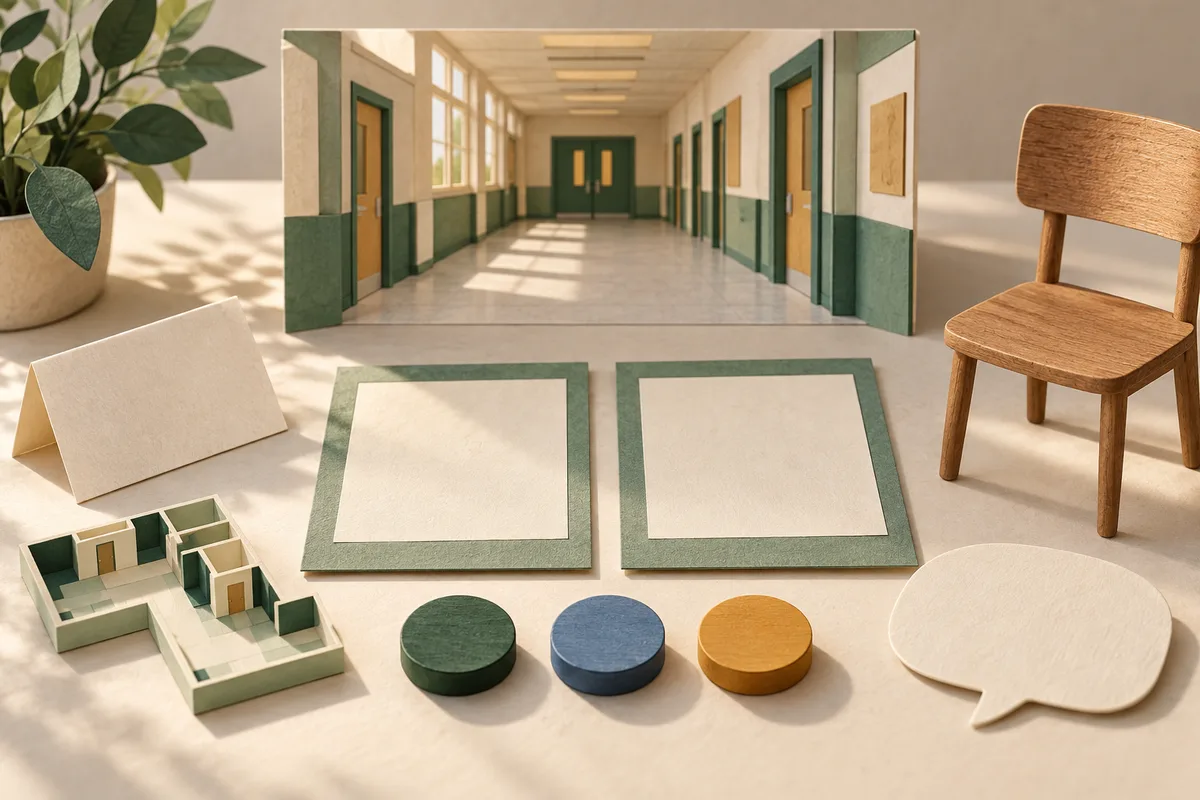 Tactile tabletop review arrangement with two equal window frames, a blank folded card, a speech-bubble shape and a small wooden chair