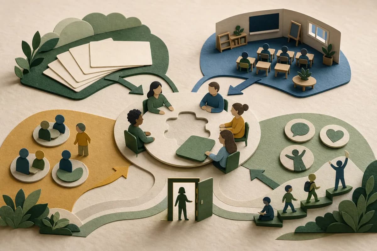 Paper-cut provision, classroom, delivery and pupil-view paths meeting at a review table