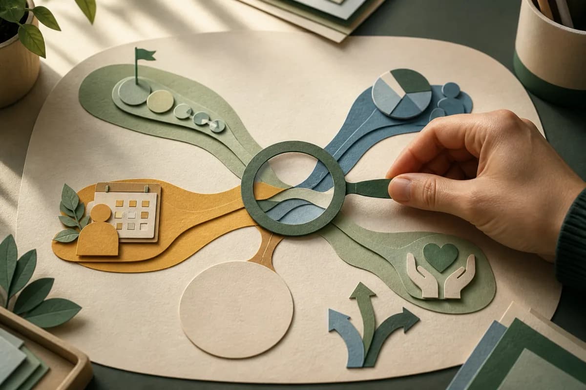Paper-cut curriculum, attendance, adjustment and pupil-voice paths meet at a human-held review marker with one evidence space left open
